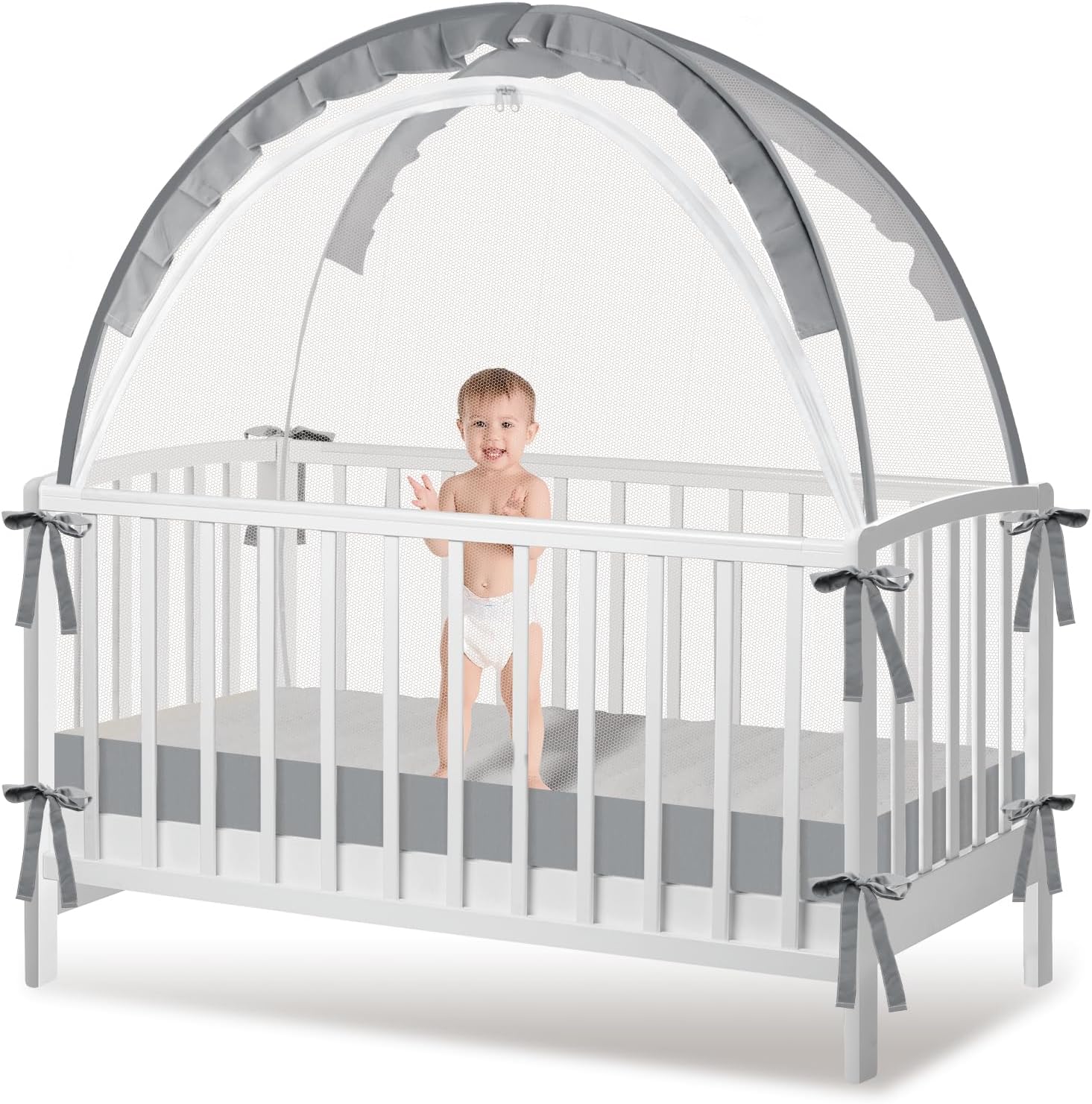 Crib Tent to Keep Baby from Climbing Out - Mesh Crib Climbing Prevention, Pop Up Baby Crib Tent, Two-Way Self-Locking Metal Zipper (Grey, Large)